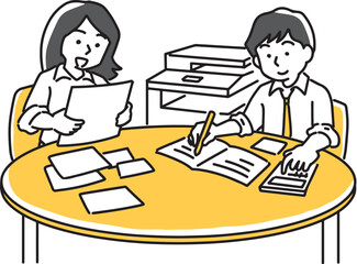 書類確認をする女性と電卓で計算をする男性