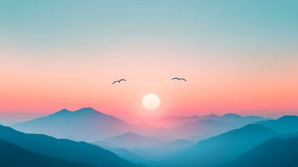 Fototapeta premium Against a backdrop of snowy peaks and a soft turquoise sky, red origami paper birds fly in formation, creating a tranquil nature scene that symbolizes wellness and freedom