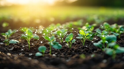 A green plant emerging with digital icons of smart farming technologies overlaid, perfect for themes of agriculture, technology, and sustainability, showcasing innovation in farming
