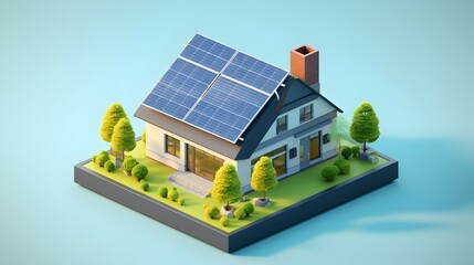 A charming, sustainable home basking in sunshine, its solar panels gleaming, nestled amongst lush greenery on a bright, idyllic day.