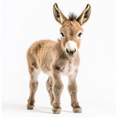 Fototapeta premium A baby donkey standing shyly, soft fur details, high-key lighting, full-body shot, white background. 
