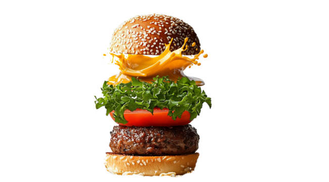 PNG, Burger ingredients, ready burger, isolated on white background, designed and generated by AI technology.