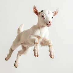 A baby goat jumping playfully, motion captured, soft lighting, three-quarter angle, white backdrop.  