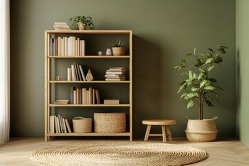 Calm Interior Scene Wooden Bookshelf and Sage Green Wall