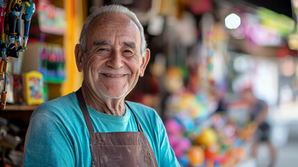 Obraz premium A portrait of an elderly man wearing a t-shirt and apron, smiling at the camera