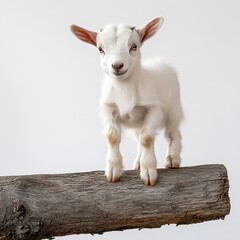 Fototapeta premium A baby goat standing on a log, playful stance, sharp fur details, high-resolution lighting, white background 