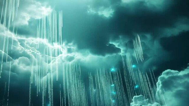 Majestic Teal Cloudscape with Ethereal Light Beams and Sparkling Particles Animation