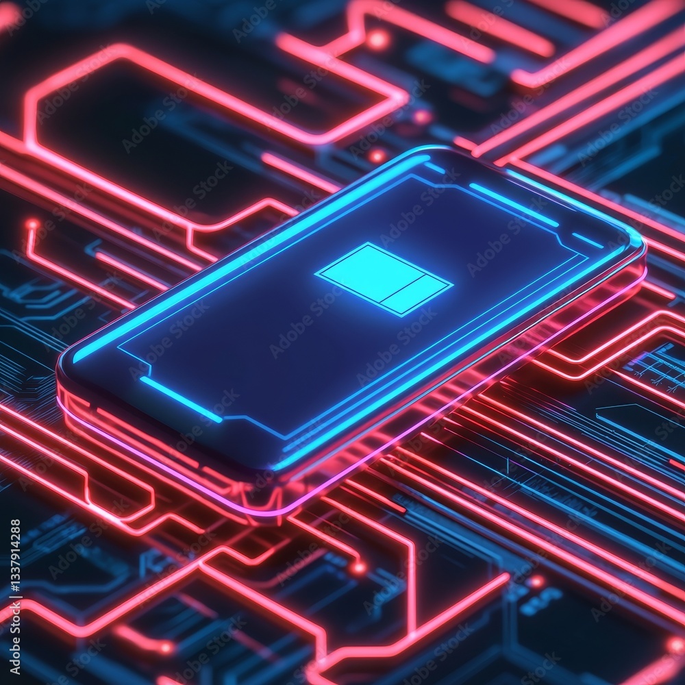 Poster cashless payment phone concept. futuristic smartphone design with neon circuit patterns and glowing 