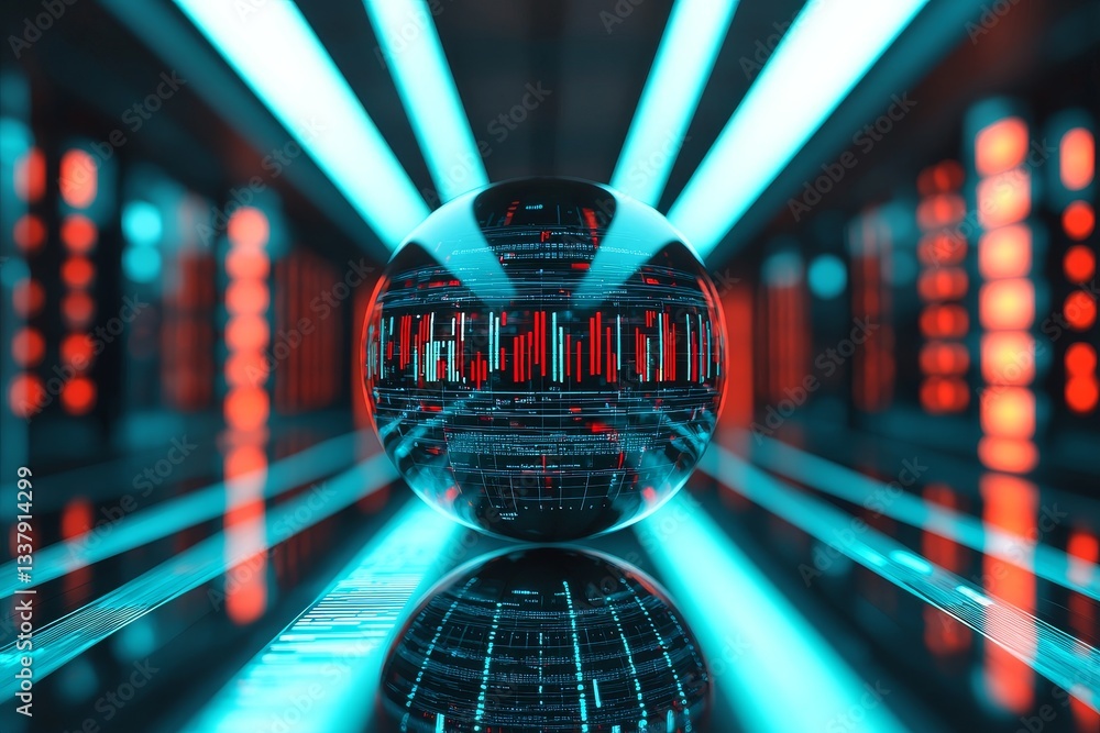 Poster data analytics and prediction concept. a futuristic sphere reflects vibrant neon lights in a digital