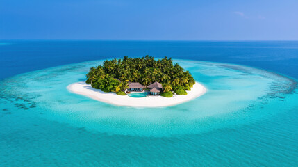 Aerial view of private island surrounded by turquoise waters and palm trees