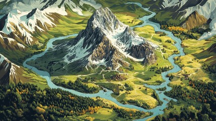 Aerial View of Majestic Mountain Range and Winding River Valley