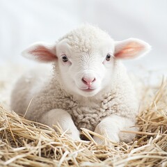 Obraz premium A baby lamb nestled in straw, soft fleece textures, warm natural lighting, close-up shot, white backdrop. 