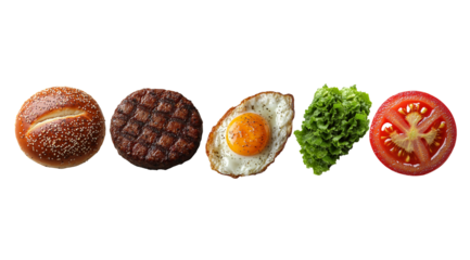 PNG, Burger ingredients, ready burger, isolated on white background, designed and generated by AI technology.