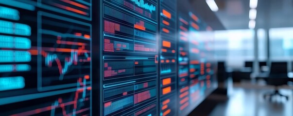 Naklejka premium Teamwork and leadership with goal-setting concept. High-tech financial data display in an office environment with glowing graphs and charts.