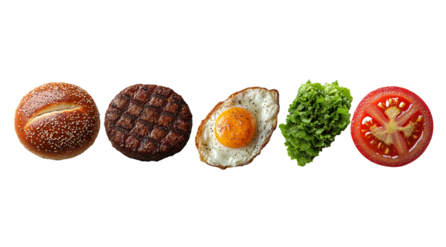 PNG, Burger ingredients, ready burger, isolated on white background, designed and generated by AI technology.