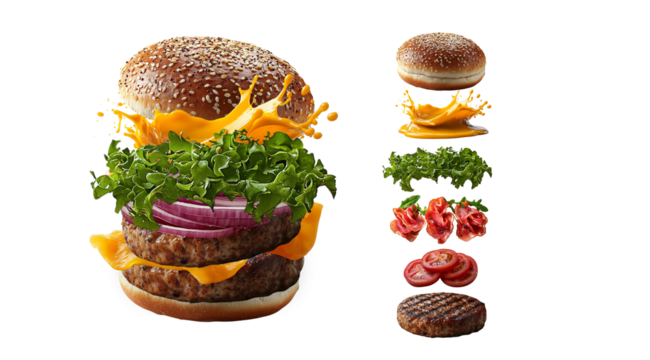 PNG, Burger ingredients, ready burger, isolated on white background, designed and generated by AI technology.