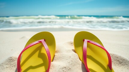 Bright yellow flip-flops with red straps resting on soft white sand at a tropical beach, with waves rolling in under a clear blue sky

