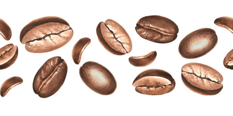 Roasted coffee beans. Seamless border. Watercolor hand drawn illustration. Arabica harvest fruit. Ingredient for aromatic invigorating drink. Arabica harvest fruit background. Template for food design