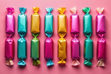 Vintage Candy Wrappers Row Pink Background Minimalist Stock Photo