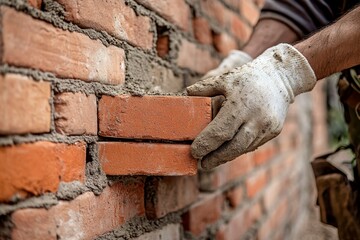 Hands Carefully Placing Bricks into a Wall