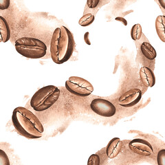Roasted coffee beans and paint splashes. Seamless pattern. Watercolor hand drawn illustration. Ingredient for aromatic invigorating drink. Template for food design, wallpaper, textile, packaging.