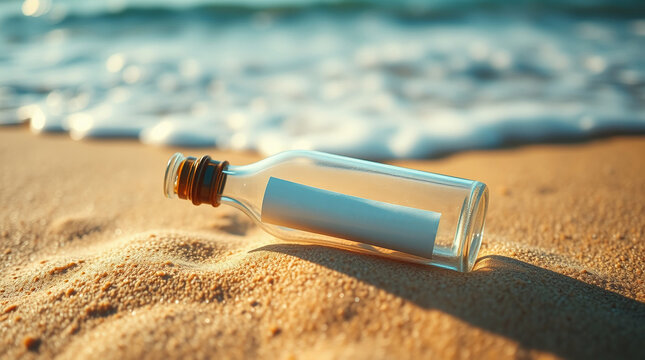 Glass bottle with a rolled-up message washed ashore on golden sand with foamy ocean waves in the background

