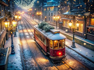 Obraz premium Vintage Christmas Tram in Snowy Cityscape - Aerial View