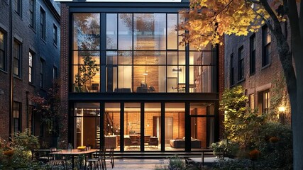 Modern architectural marvel nestled amidst brick buildings with lush outdoor landscape