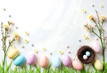 Colorful Easter eggs and spring flowers in green grass