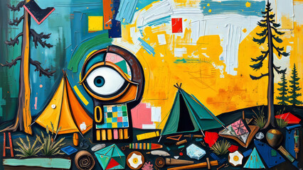 A surrealist painting featuring camping tents, a forest scene, and an abstract eye, rendered in a vibrant, colorful palette.