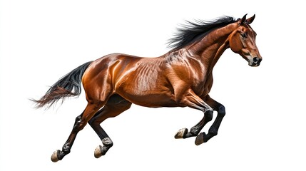 Fototapeta premium A beautifully detailed side-profile of a galloping horse, its muscles tensed and energy radiating, with its striking form isolated against a crisp white backdrop 