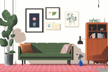 Pixel Art Minimalist Living Room Green Sofa and Wooden Cabinet