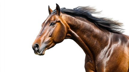 Obraz premium A beautifully detailed side-profile of a galloping horse, its muscles tensed and energy radiating, with its striking form isolated against a crisp white backdrop 