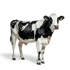 A black and white Holstein cow standing in profile, soft shadows, full-body shot, clean white backdrop. 