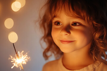 Joyful child with curly hair admiring the warm glow of a sparkler in a cozy setting
