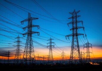 Fototapeta premium Silhouetted Power Pylons at Sunset