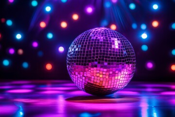 Obraz premium The colorful lights reflected by a purple disco ball against a dark background with a bokeh effect add a magical touch to nightclub atmosphere designs for parties and celebrations