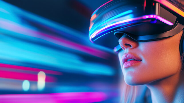 Young caucasian woman exploring virtual reality with neon lights futuristic digital experience concept