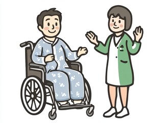 Smiling Patient and Caregiver in Wheelchair  Lighthearted Medical Illustration
