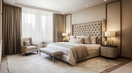 Luxury Modern Bedroom Interior with Elegant Wooden Furniture, Soft Lighting, and Cozy Minimalist Decor