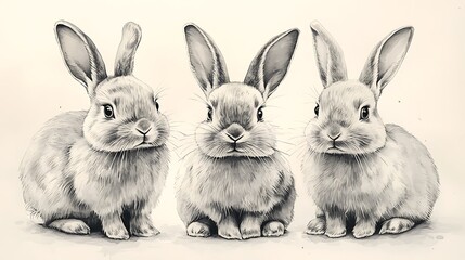 Fototapeta premium Black and White Ink Sketch of Three Rabbits in Detailed Realistic Style