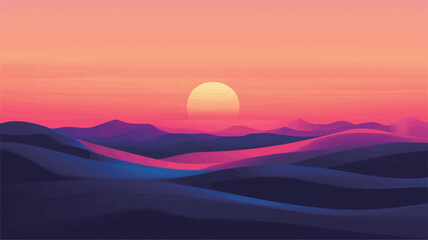 Digital illustration depicting a sunset or sunrise over a range of rolling hills. The color palette is predominantly warm oranges and pinks in the sky, transitioning to cool blues and purples in