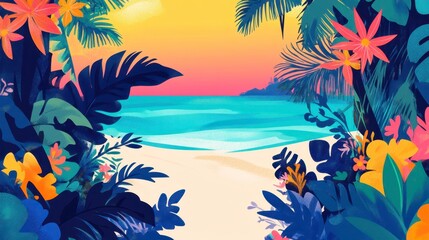 Tropical Beach Paradise Sunset View Through Lush Foliage