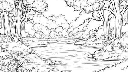 Obraz premium Tranquil River Landscape Sketch Black and White Nature Drawing