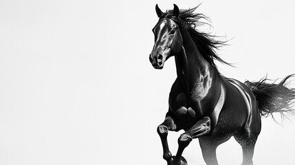 Fototapeta premium A breathtaking capture of a horse galloping freely, its flowing mane and tail adding movement and grace, its powerful form standing out against a bright white background 