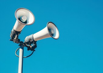 Two White Vintage Loudspeakers Against a Blue Sky