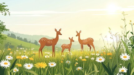 Naklejka premium Deer family in a blooming meadow at sunrise.