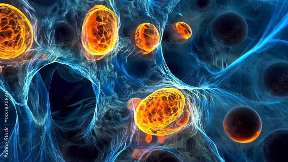 Poster cells and microscopic organisms interact dynamically in a vivid scientific representation