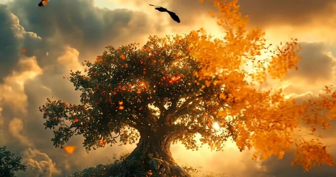 Epic Tree at Sunrise, golden light, majestic, fantasy, flying birds
