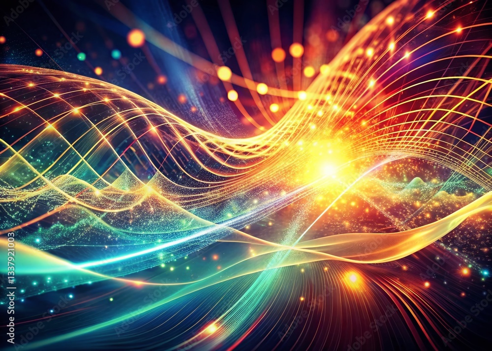 Poster vintage futuristic abstract wave: glowing data network light patterns